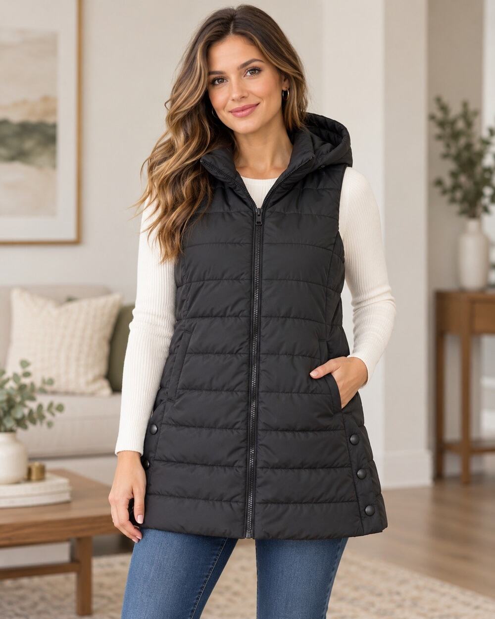Womens Black Hooded Long Quilted Puffer Vest Full Zip Snap Sides Mid-Length Sz M